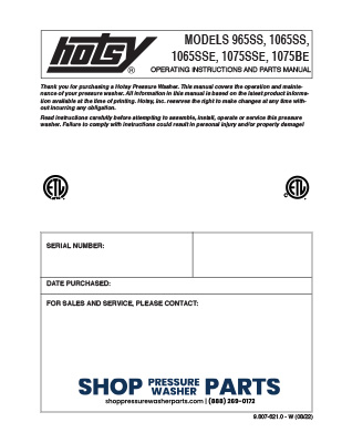Hotsy Gas Engine Roll Cage Series Operator's Manual