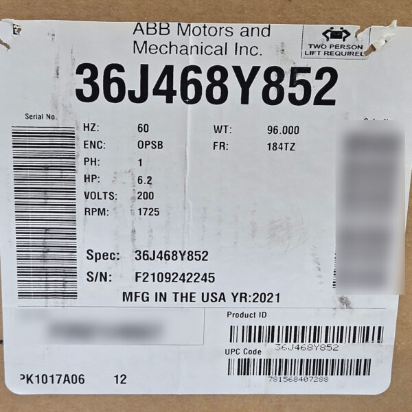 Motor, 6.2 HP 200V 1 PH 1725 RPM 184TZ Frame, Baldor (Clearance) - Image 3